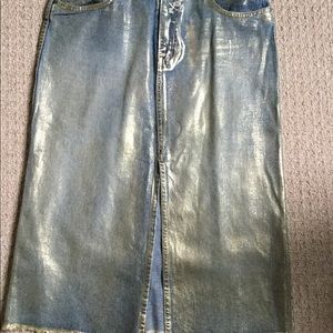 Light blue denim skirt with glam gold burnish